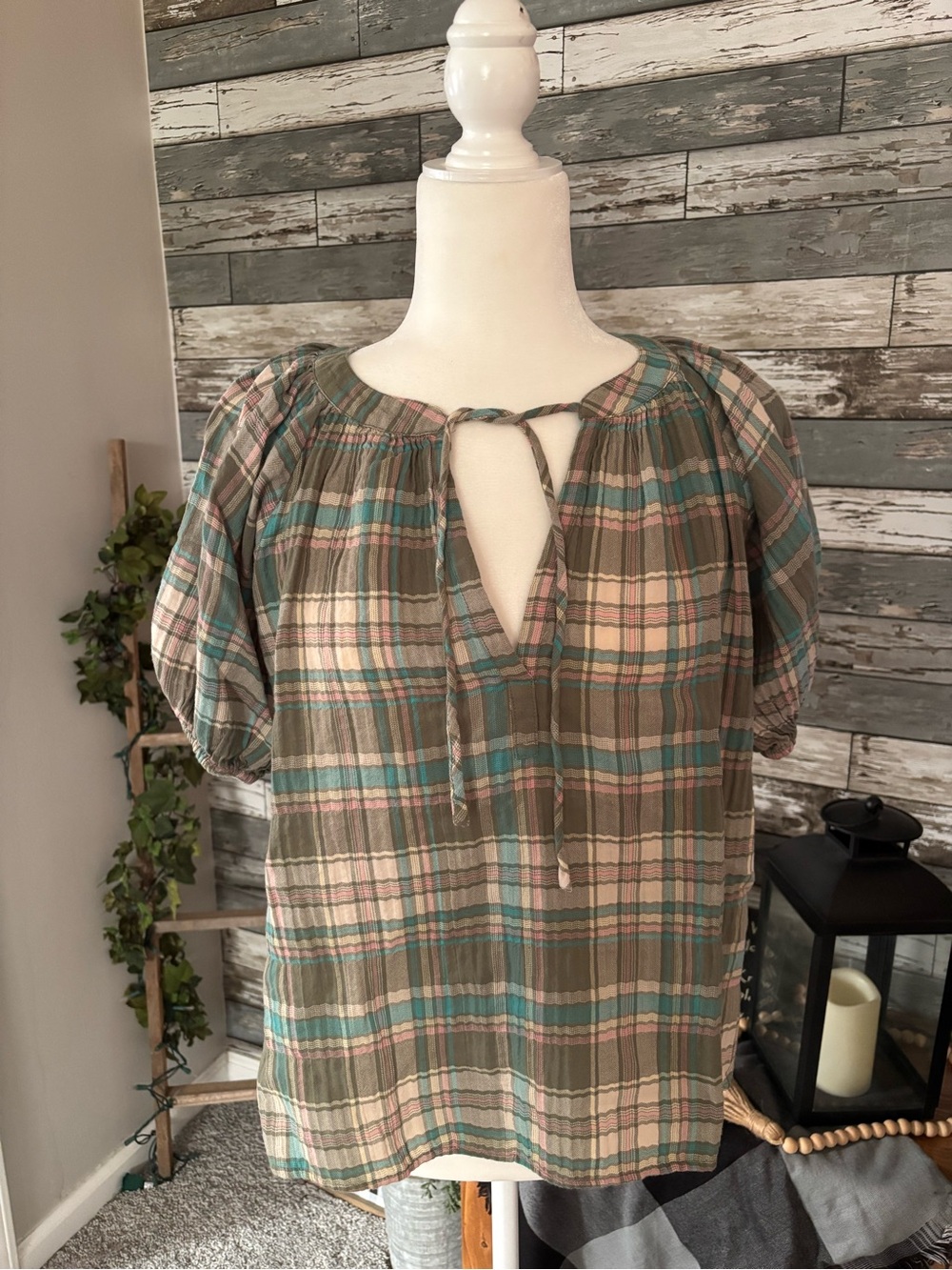 LOFT Boho Plaid Tie-Neck Puff Sleeve Short Sleeve Top Womens Size XS